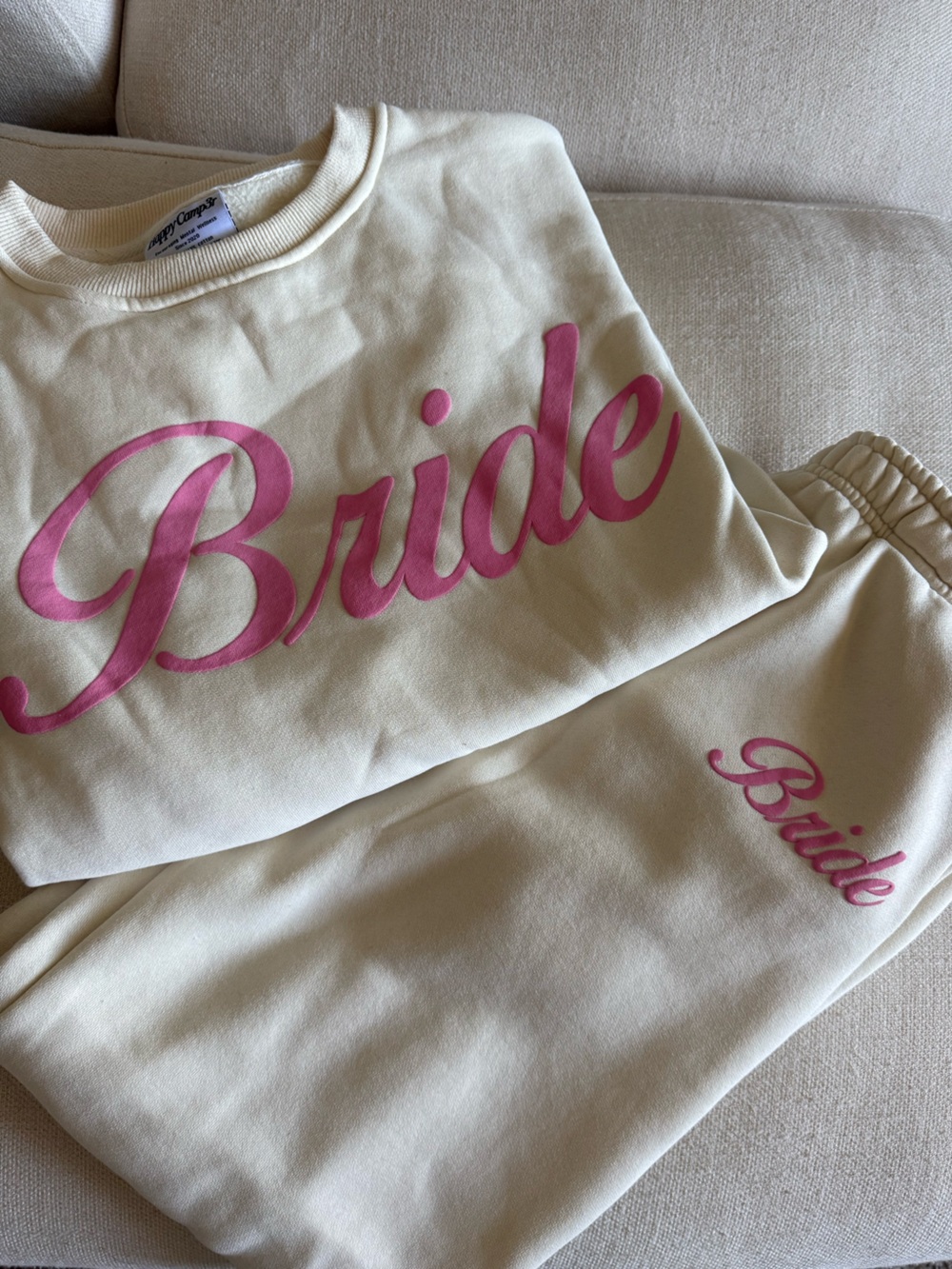 Happy Camper brand - Beige Bride Sweatshirt with Pink Script
